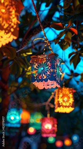 A collection of vibrant lights hanging from the branches of a tree at a nighttime party setting