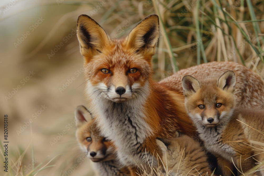 A mother fox with her two cubs in the grass, suitable for wildlife themes
