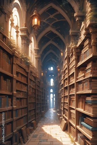 A magical library hidden within a labyrinth of twisting corridors  filled with ancient tomes and glowing portals to other worlds.