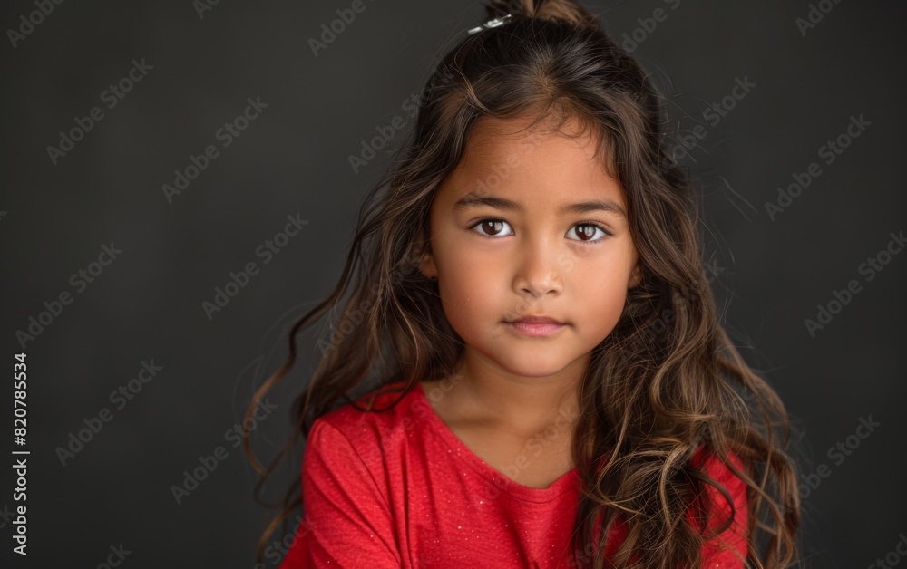 A young South Asian girl wearing a red shirt strikes a pose for a picture A young South Asian girl wearing a red shirt strikes a pose for a picture