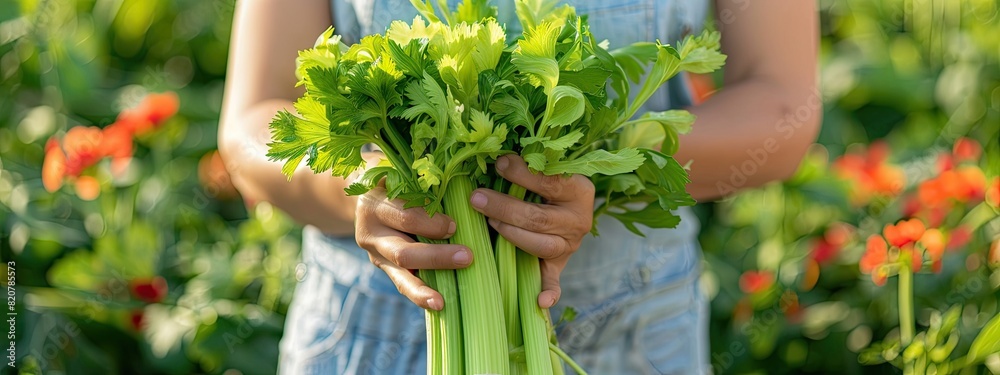 Fototapeta premium Harvest in the hands of a woman in the garden. Selective focus.