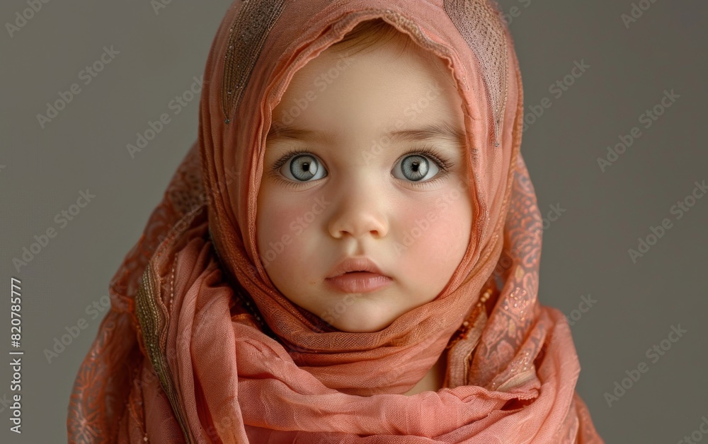 A female Arab infant doll with blue eyes wearing a pink scarf A female Arab infant doll with blue eyes wearing a pink scarf