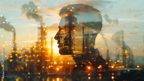 A woman is wearing a hard hat and standing in front of a large industrial plant. The sky is cloudy and the sun is setting. Concept of industry and hard work photo