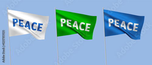 Color vector flags with PEACE text. A set of wavy 3D flags with flagpoles isolated on light blue background, created using gradient meshes