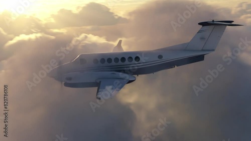 Airplane in the clouds flying in the sunset