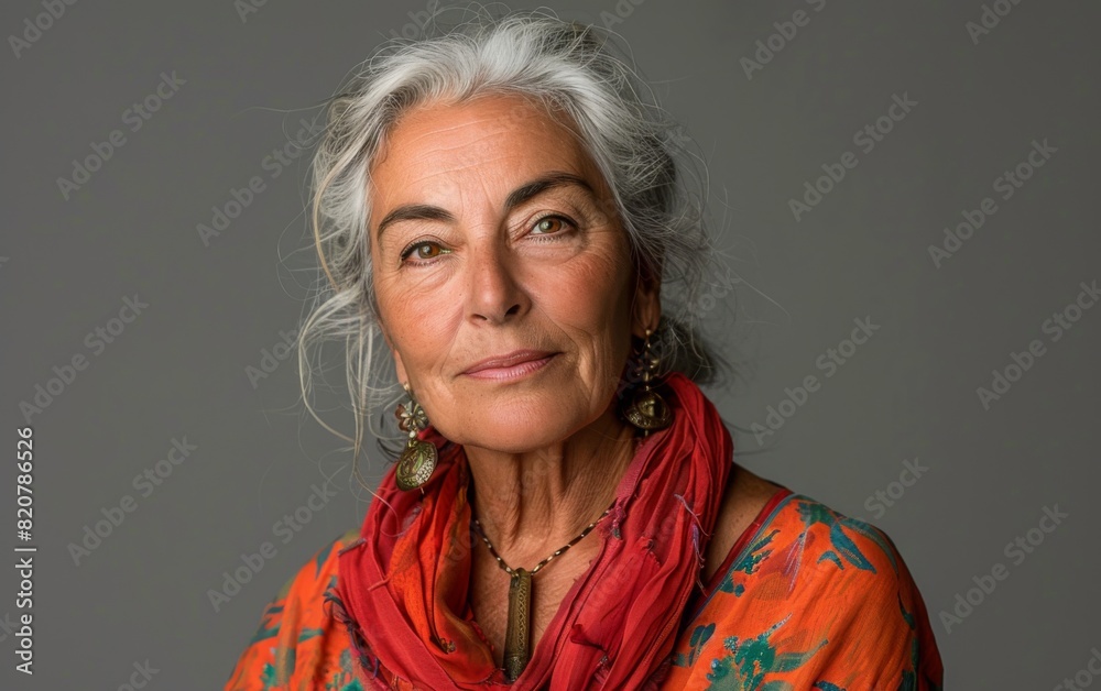 An older woman of Mediterranean descent wearing a red scarf in her hair