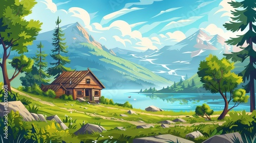 The shabby old hut is set against a lake and mountains. Cartoon illustration depicting the grounds are covered in green grass and bushes, rocks are down by the riverbank and there is a blue sky
