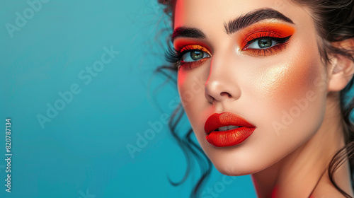 Portrait of a beautiful young woman with red eyes and red lips.