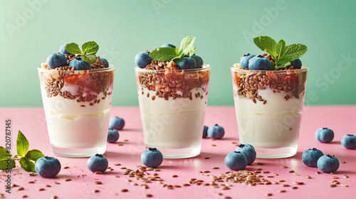 Glasses of sweet yogurt flax seeds and blueberries on
