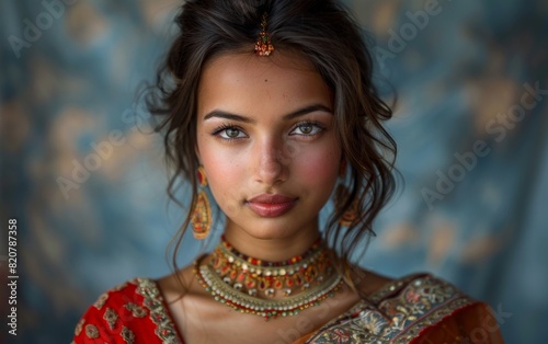 A young adult Indian woman dressed in a red and gold outfit photo