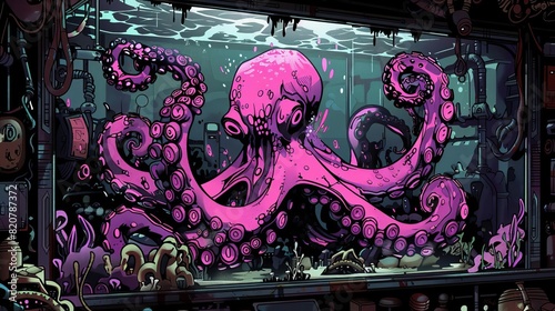 An octopus exploring its environment in a large, glass aquarium tank
