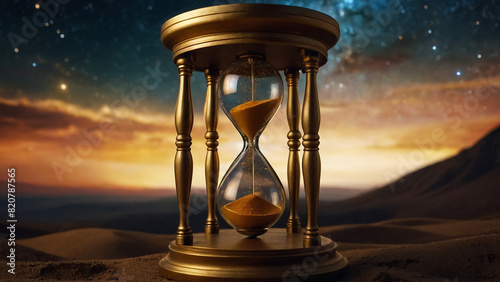 Hourglass hovering in space with ammonite fossil inside clock standing on petrified mollusc against cloudy sky and shining stars. Symbol of eternity, extinction and evolution, time is over concept.
