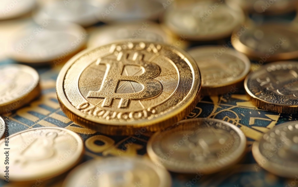 A collection of bitcoins arranged in a pile on top of a table, symbolizing digital currency and potential investment opportunities A collection of bitcoins arranged in a pile on top of a table, symbolizing digital currency and potential investment opportunities