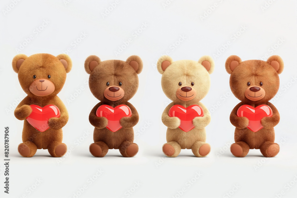 Four Teddy bears with red hearts sitting in a row. Love, relationships, Valentine's Day Four Teddy bears with red hearts sitting in a row. Love, relationships, Valentine's Day
