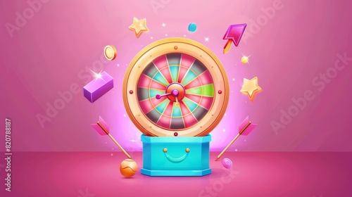 The Fortune spin wheel UI game modern lottery design shows isolated candy, star, bomb, potion and donut bonuses for the winner. An arrow is located near the success slot in an online jackpot box.