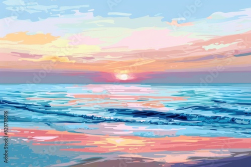 A beautiful painting of a sunset over the ocean. Suitable for home decor or travel websites