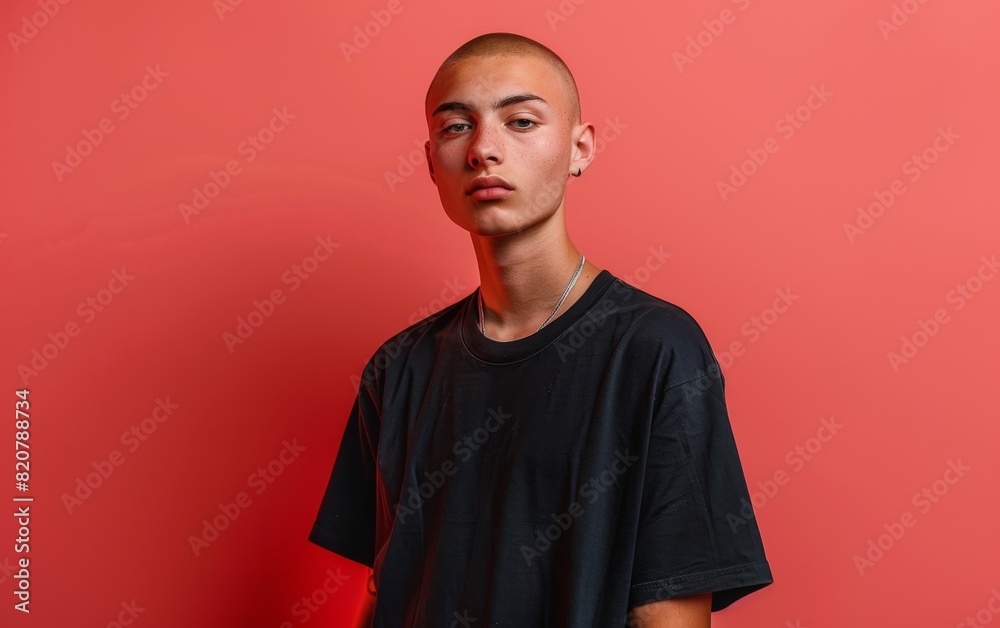 Obraz premium A young man of Slavic descent standing confidently against a bright red wall