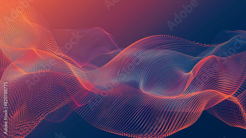 Create an artistic interpretation of flowing particles forming a wave-like pattern, set against a halftone gradient backdrop. Ideal for conveying ideas related to modern science. photo