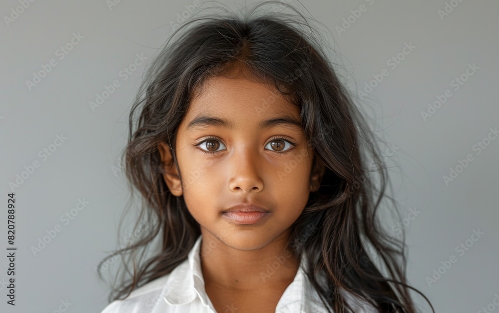 A South Asian child with long hair wearing a white shirt A South Asian child with long hair wearing a white shirt