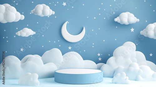 A blue and white room with a white moon and stars on the wall generated by AI