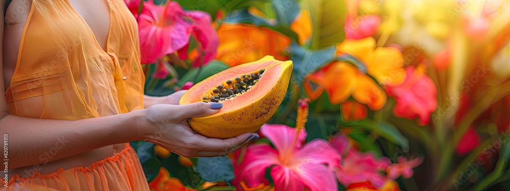 Fototapeta premium papaya harvest in the hands of a woman. Selective focus.