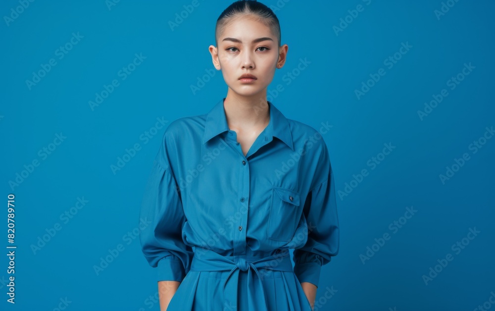 A woman of East Asian descent standing confidently in front of a vibrant blue background A woman of East Asian descent standing confidently in front of a vibrant blue background