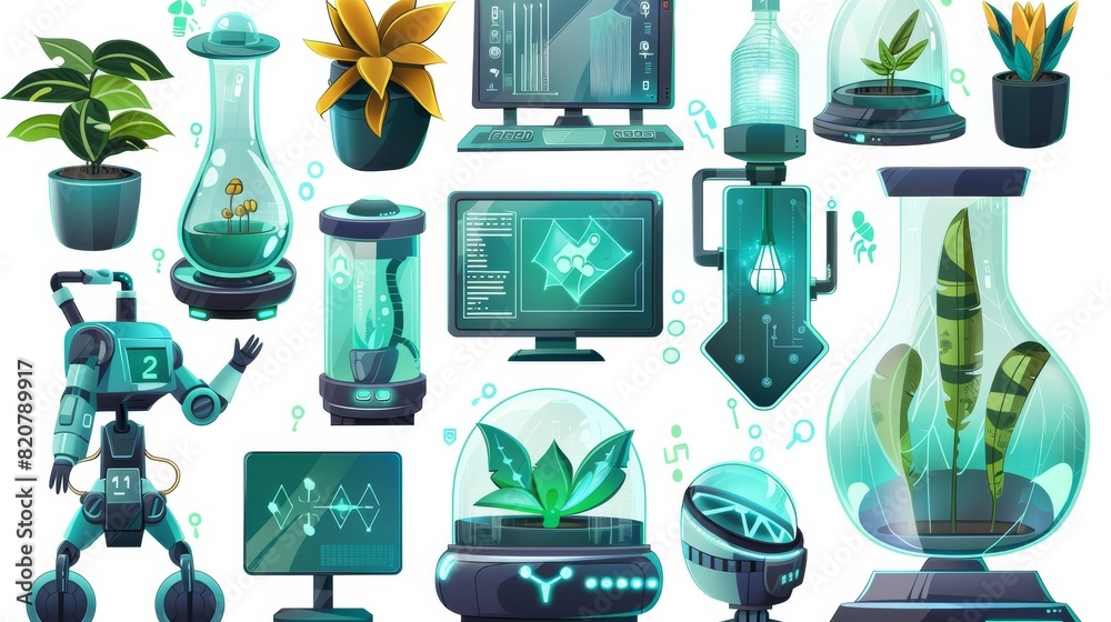 Set of botany laboratory equipment on white background. Modern