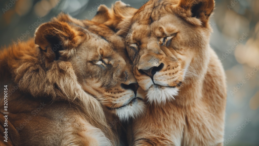 Cute lion couple hugging with eyes closed.