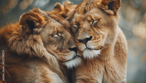 Cute lion couple hugging with eyes closed.