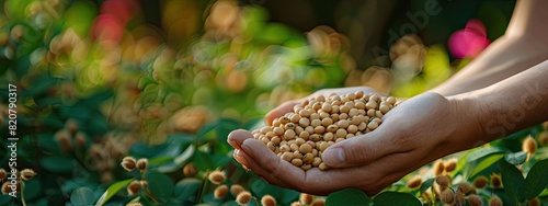 soybeans in the hands of a woman in the garden. Selective focus.