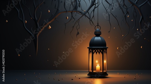 A Tranquil Evening Scene with a Glowing Lantern Amidst Dark Branches