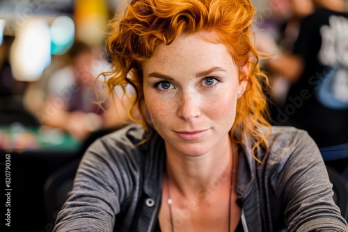 Close-up portrait of a confident young woman with red curly hair and freckles looking directly at the camera indoors, showing natural beauty and a casual style.