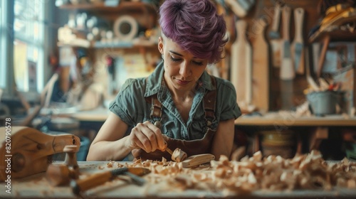 Woman with Purple Hair Carving Wood in Her Workshop photo