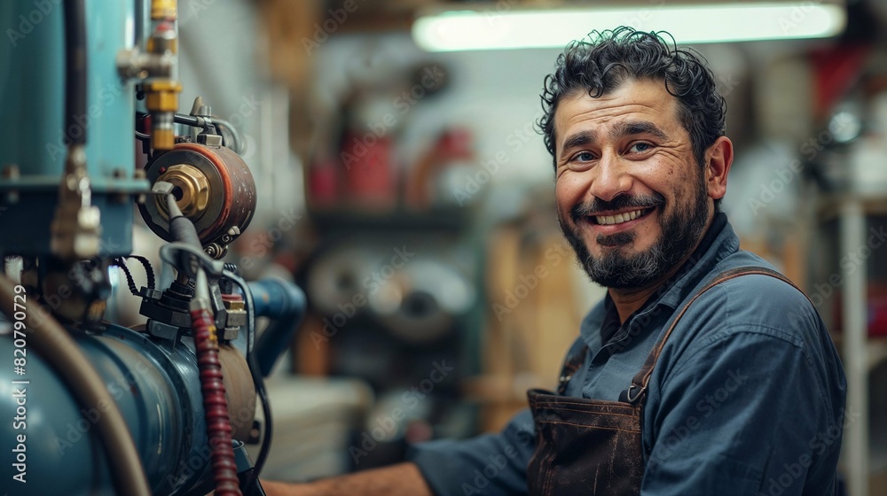 Smiling Middle-Aged Hispanic Man in Leather Apron at Workshop