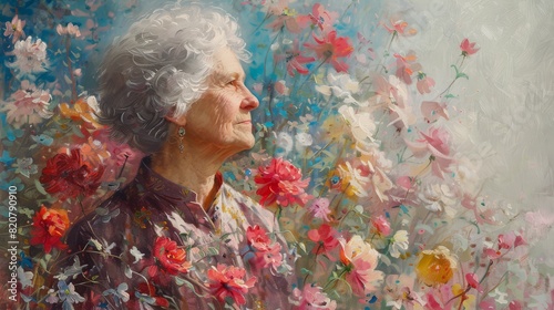 Beautiful illustration of an elderly woman standing amidst a vibrant array of blossoming flowers, radiating serenity and grace.
