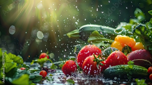 Fototapeta Naklejka Na Ścianę i Meble -  Various wet wash vegetables splash. Selective focus.
