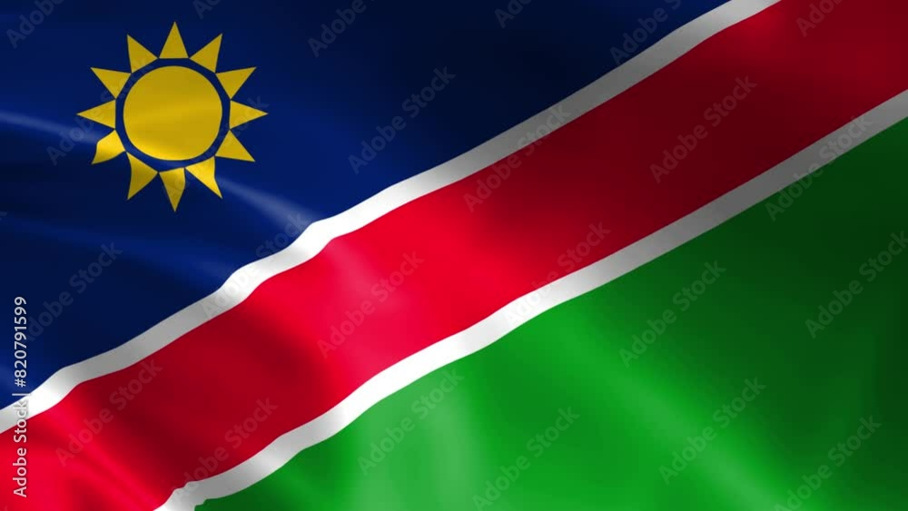 Namibian flag fluttering in the wind. Detailed fabric texture.