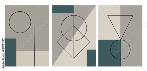 A collection of modern, simple abstract illustrations in earthy tones. Linear geometric shapes on background