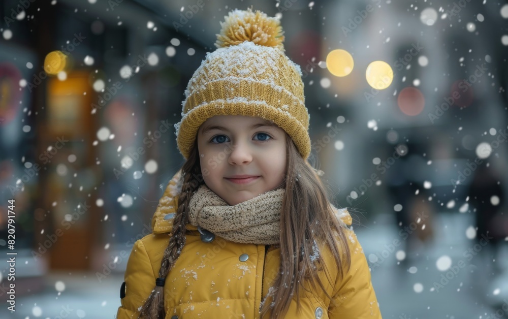 A young girl dressed in a bright yellow coat and matching hat A young girl dressed in a bright yellow coat and matching hat