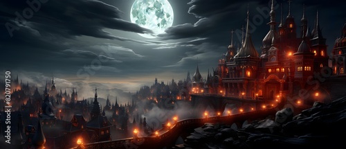 Fantasy city at night with a full moon. 3d rendering