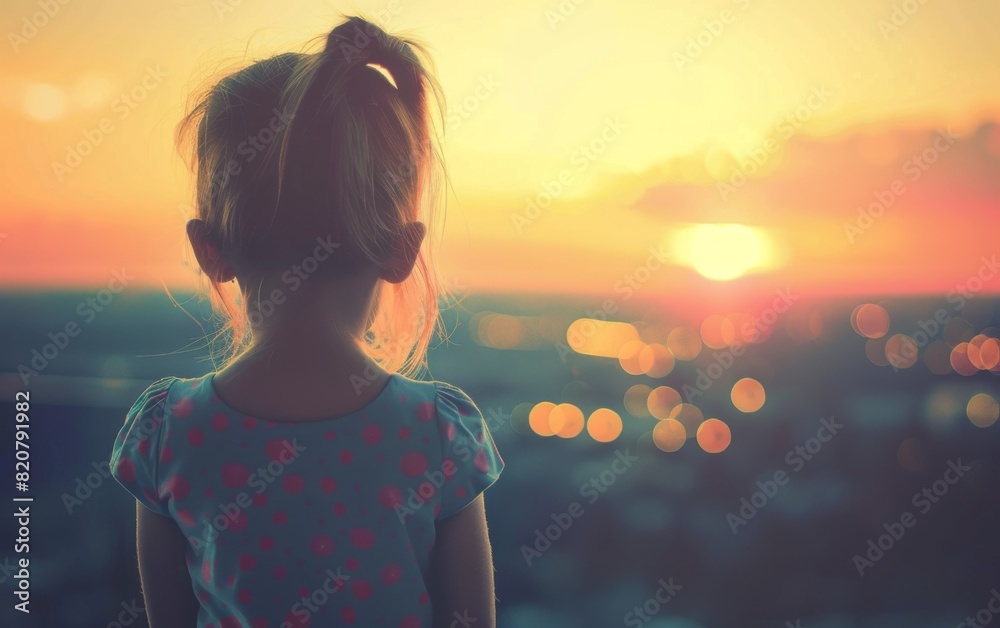 Fototapeta premium A young girl gazes out over a city skyline as the sun sets, casting a warm glow over the urban landscape