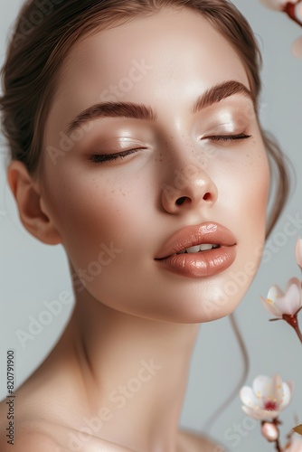 Beauty closeup portrait of gorgeous young caucasian woman  with creative makeup and flowers