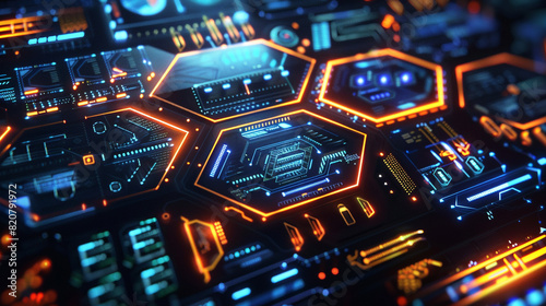 Create an immersive HUD concept filled with interactive hexagonal interfaces, showcasing the convergence of design and digital functionality.