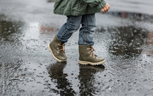 A person wearing a green jacket and brown boots stands in the rain © JO BLA CO