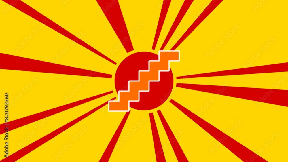 Stairs symbol on the background of animation from moving rays of the sun. Large orange symbol increases slightly. Seamless looped 4k animation on yellow background