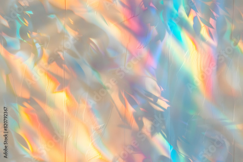 blurred rainbow light refraction texture overlay effect for photo and mockups organic drop diagonal holographic flare on a white wall shadows for natural light effects AI photo