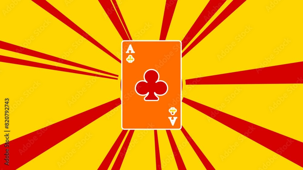 Ace of clubs card on the background of animation from moving rays of the sun. Large orange symbol increases slightly. Seamless looped 4k animation on yellow background