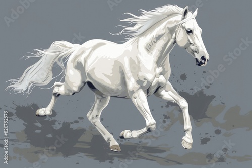 A majestic white horse galloping on a neutral gray background. Suitable for various equestrian and nature themes