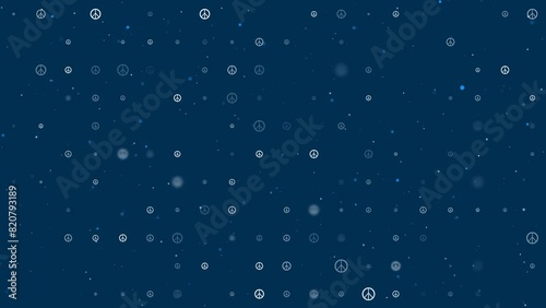 Template animation of evenly spaced peace symbols of different sizes and opacity. Animation of transparency and size. Seamless looped 4k animation on dark blue background with stars photo