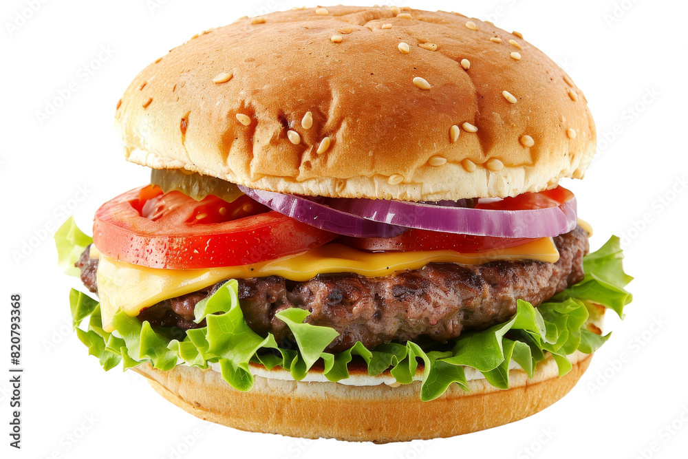 Close-up of a juicy cheeseburger with fresh lettuce, tomato, red onion, and melted cheese on a sesame seed bun, isolated on a transparent background. Close-up of a juicy cheeseburger with fresh lettuce, tomato, red onion, and melted cheese on a sesame seed bun, isolated on a transparent background.